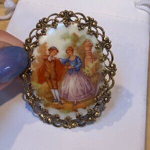 Vintage Signed Fragonard Courting Couple Victorian Style Pendant Filigree Limoge